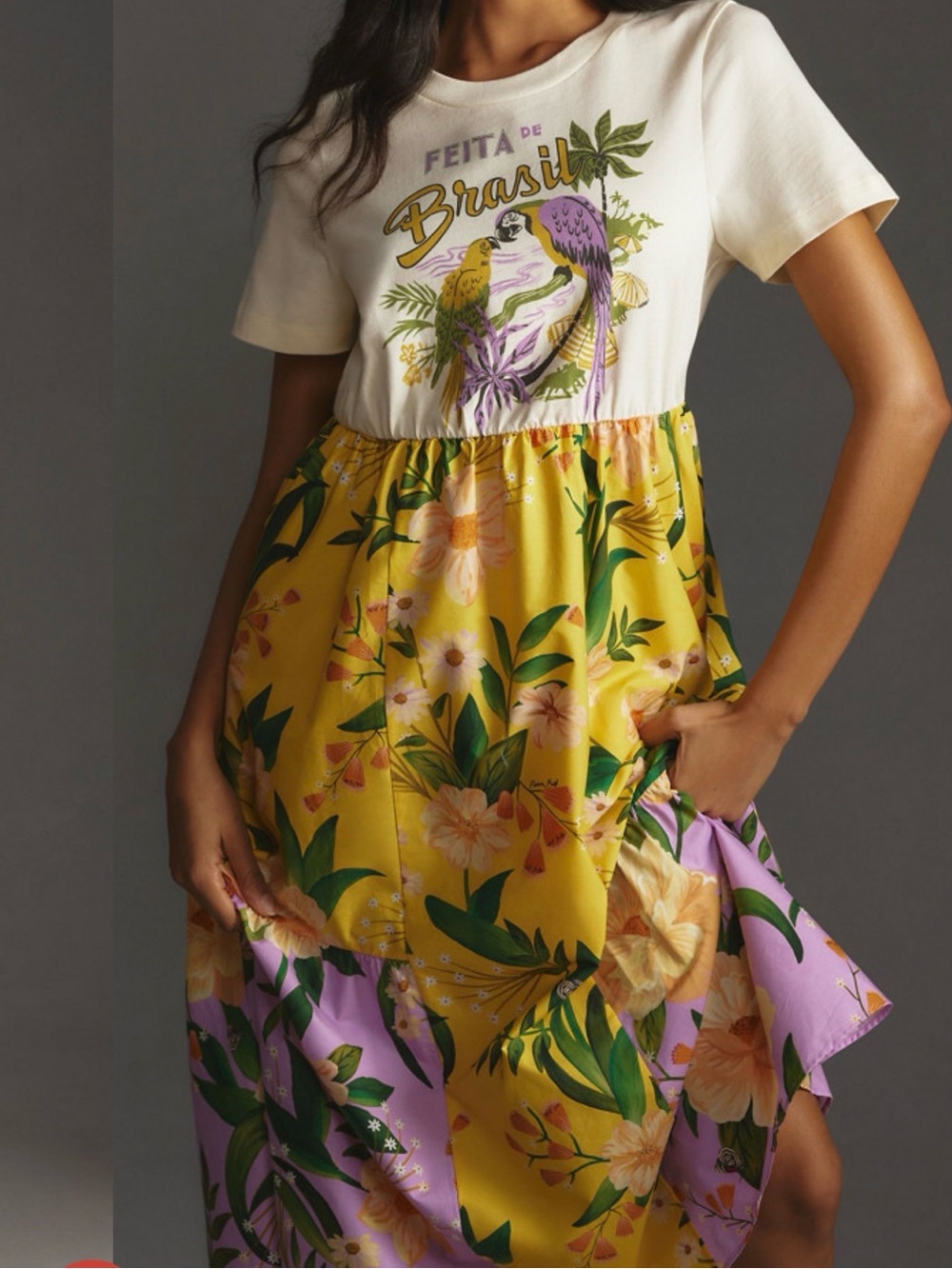 Farm Rio Tiered Tee Dress Anthropologie Mixed Poplin T-Shirt Cotton Brazil M - Picture 2 of 7